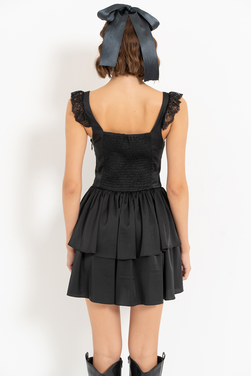 Black Lace-Insert Satin Mini Dress