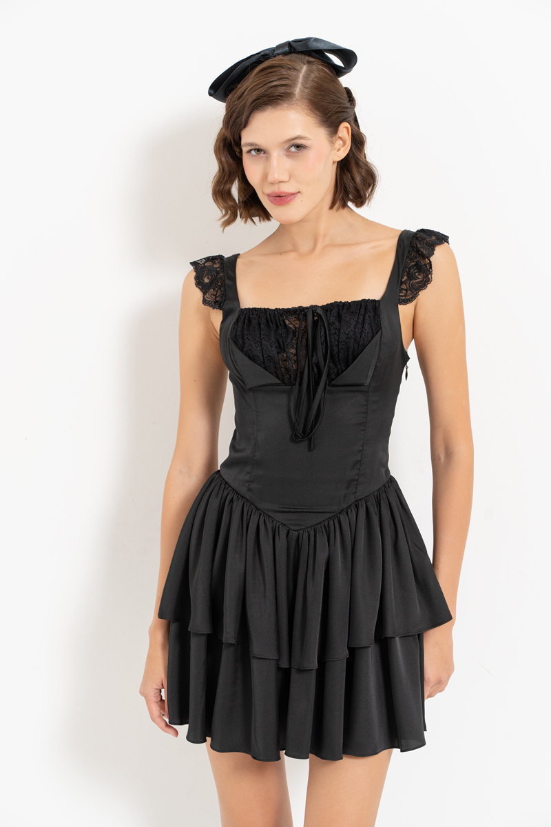 Black Lace-Insert Satin Mini Dress