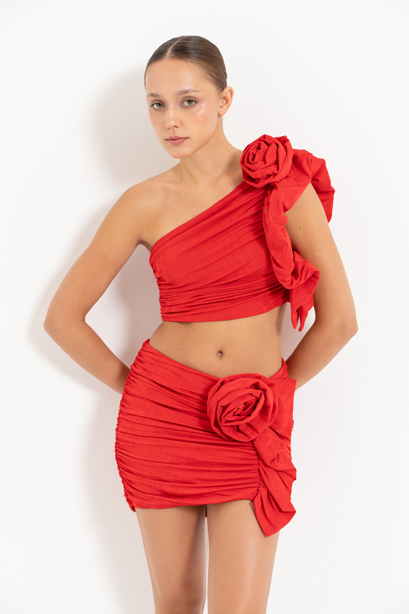 Wholesale Red Rose-Accent One-Shoulder Top & Mini Skirt Set