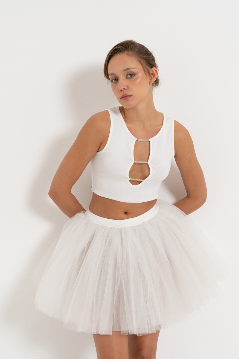Wholesale Offwhite Embellished-Front Ribbed Crop Top