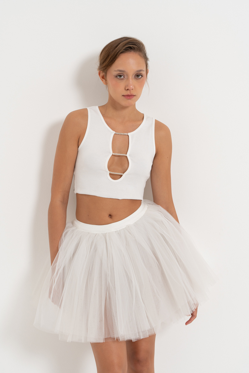 Offwhite Embellished-Front Ribbed Crop Top