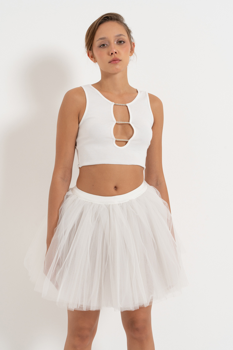Wholesale Offwhite Embellished-Front Ribbed Crop Top