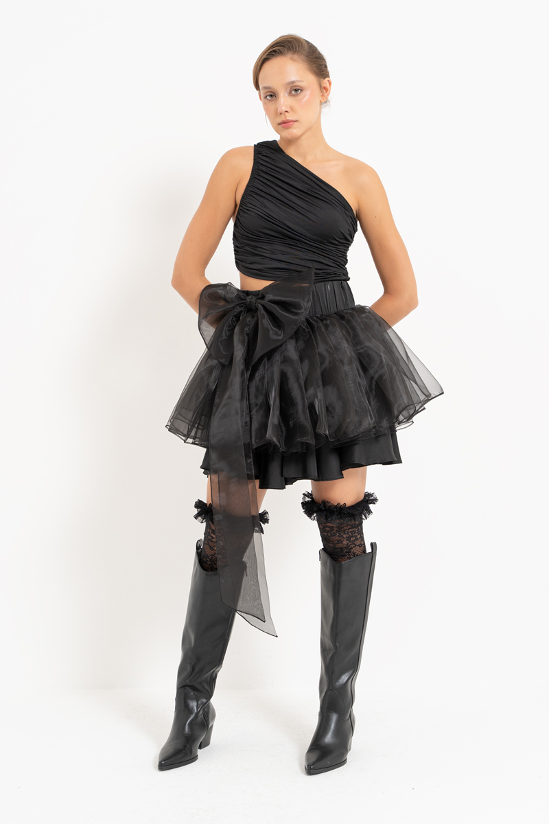Black Bow-Accent Organza Mini Skirt