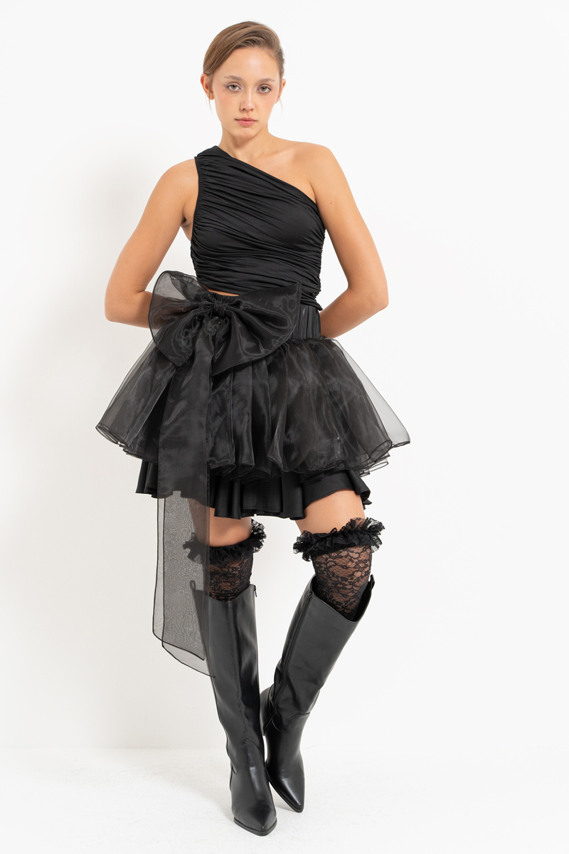 Wholesale Black Bow-Accent Organza Mini Skirt