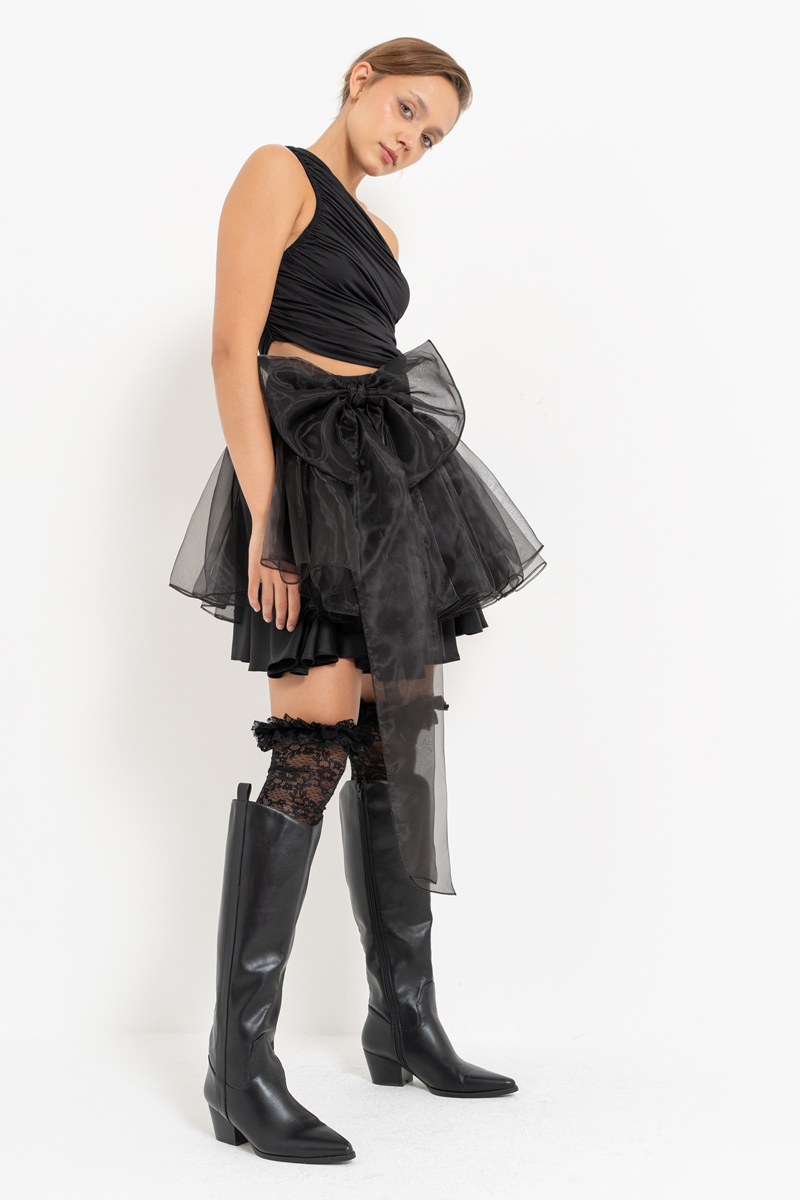 Black Bow-Accent Organza Mini Skirt