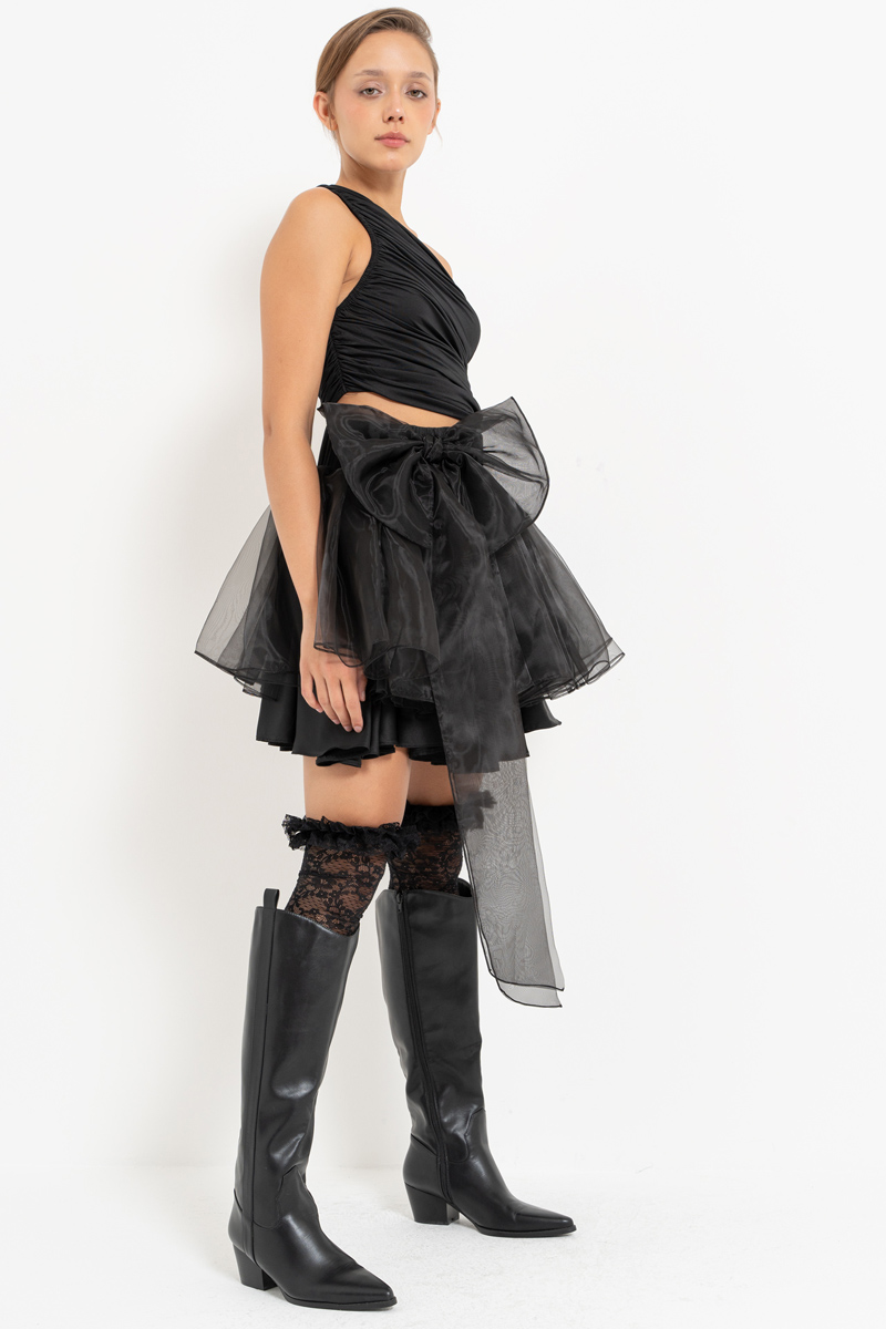 Black Bow-Accent Organza Mini Skirt
