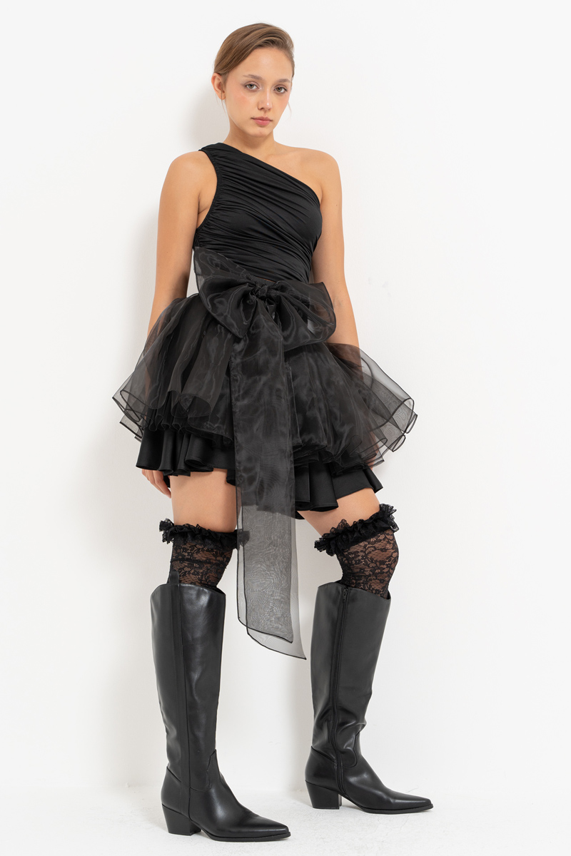 Wholesale Black Bow-Accent Organza Mini Skirt