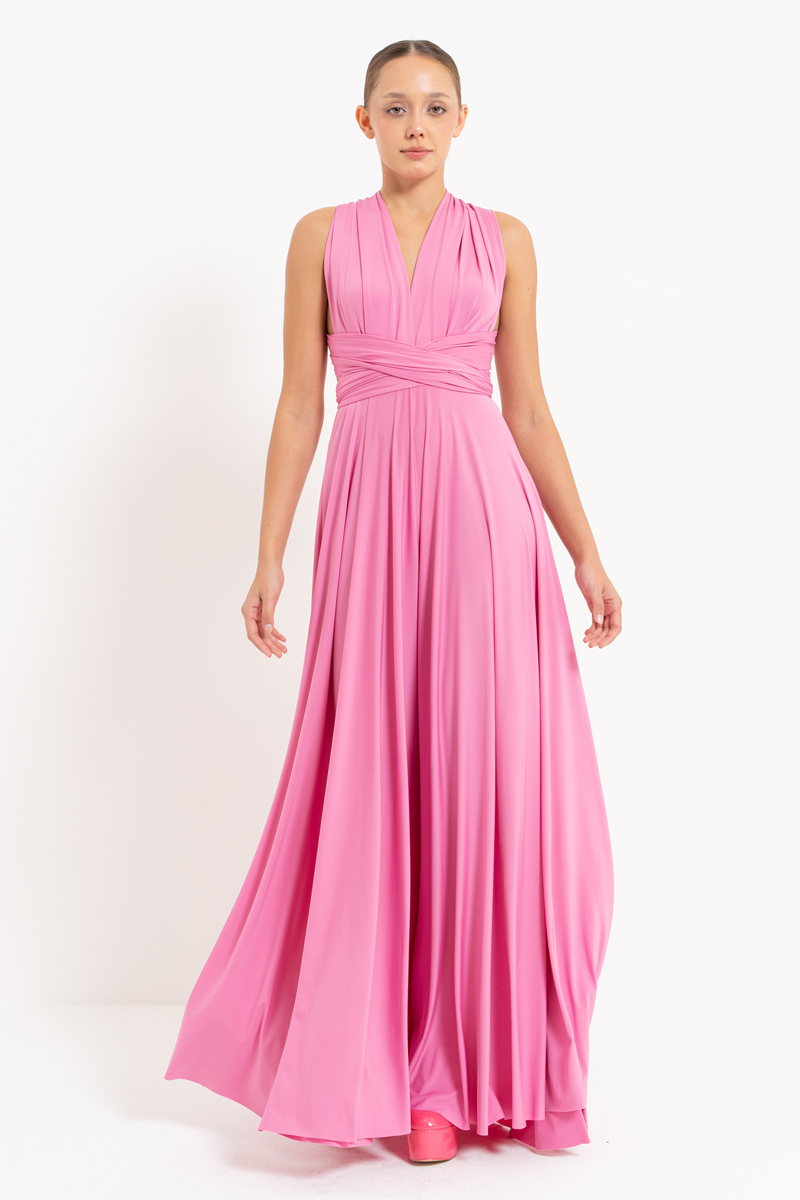 V Neck Sleeveless Doly Pink Pleated Long Dress