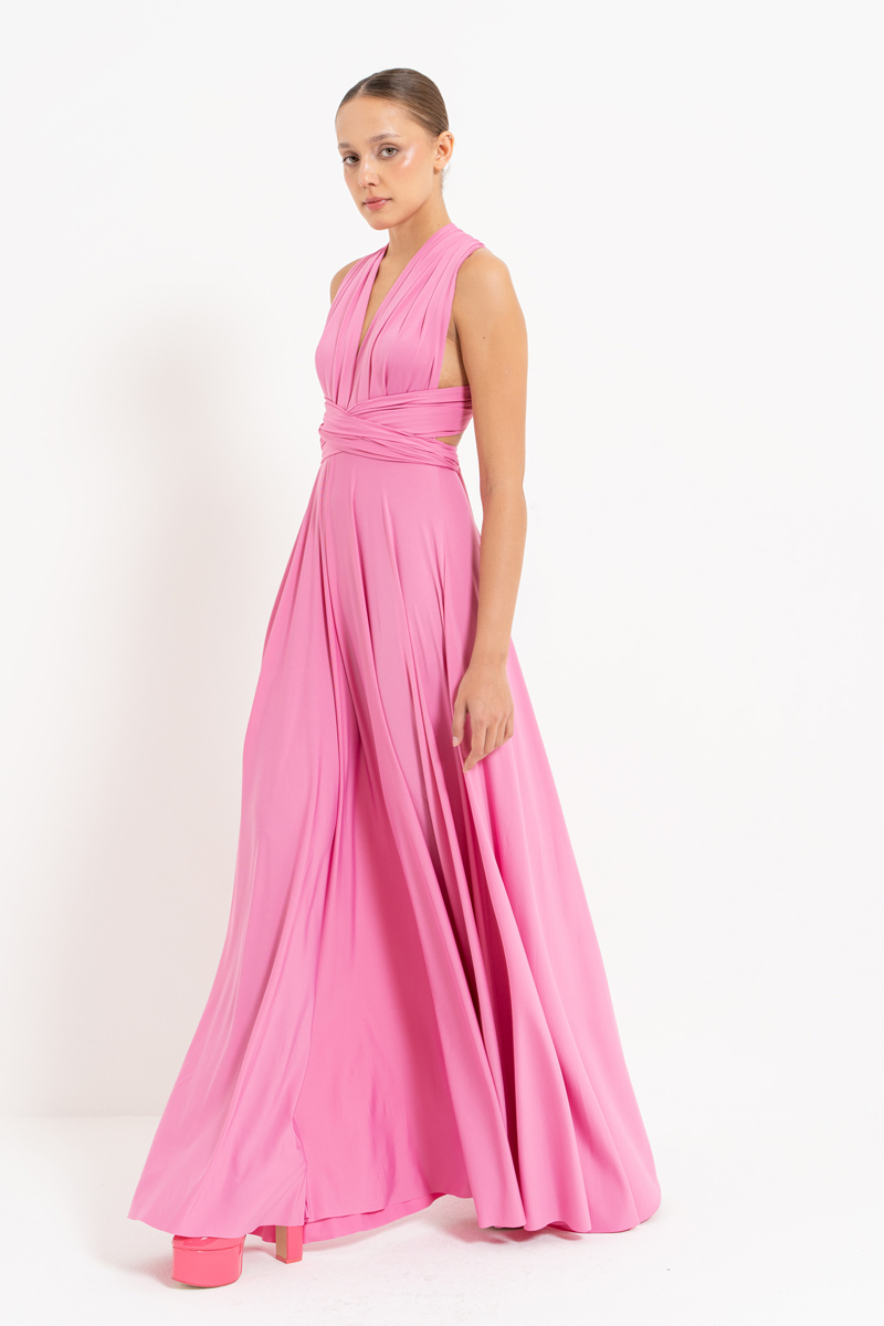 Wholesale V Neck Sleeveless Doly Pink Pleated Long Dress