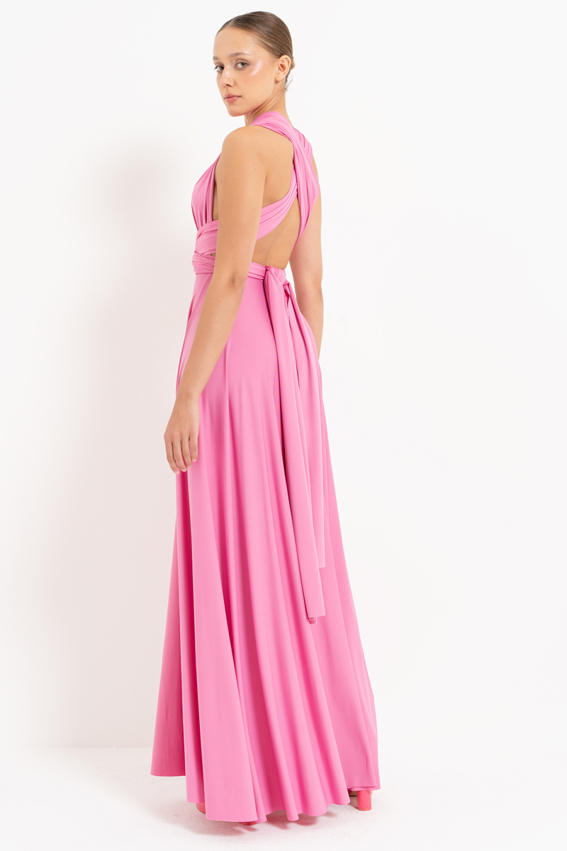 V Neck Sleeveless Doly Pink Pleated Long Dress