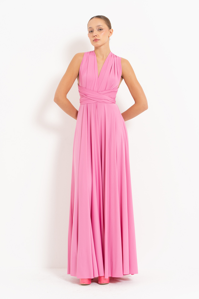 Wholesale V Neck Sleeveless Doly Pink Pleated Long Dress