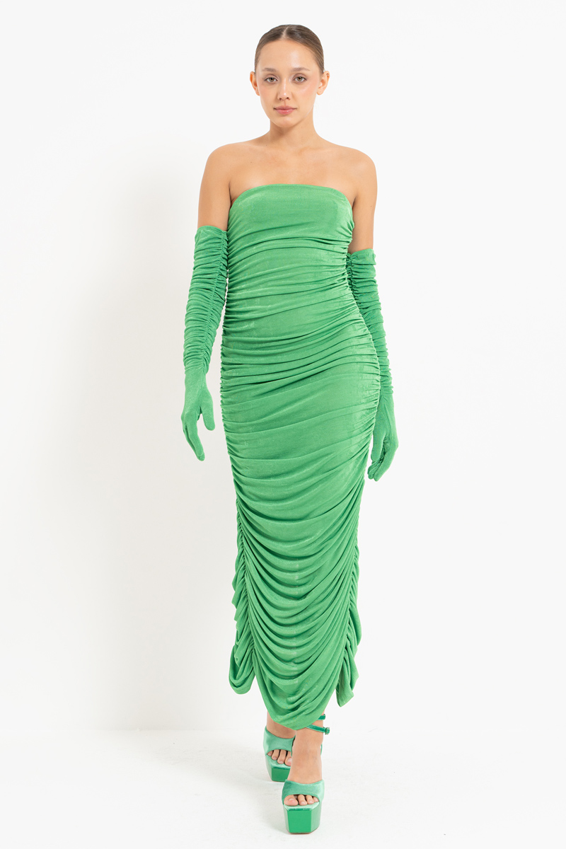 Kelly Green Büzgülü Eldivenli Straplez Elbise