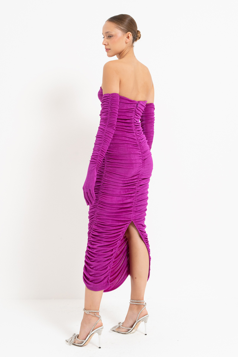 Magenta Shirred Tube Dress with Gloves