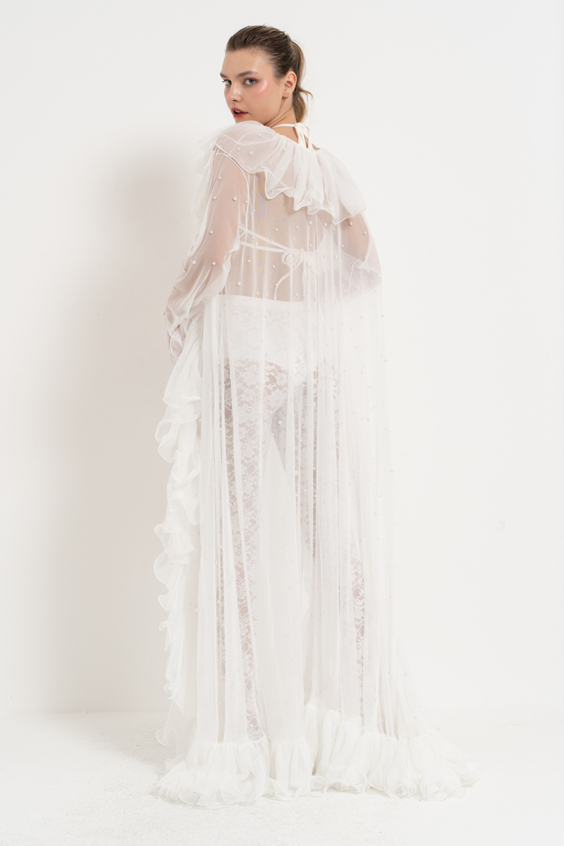 Wholesale Offwhite Faux Pearl Embellished Ruffle-Trim Mesh Cape