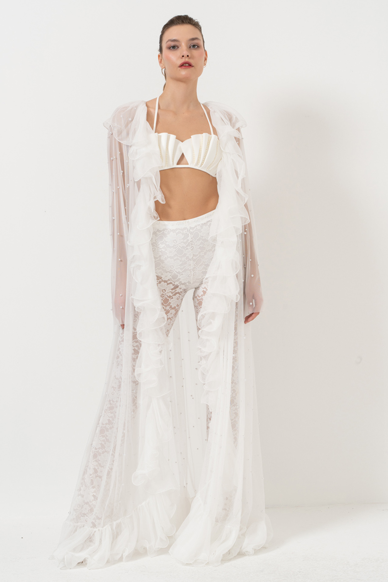 Wholesale Offwhite Faux Pearl Embellished Ruffle-Trim Mesh Cape