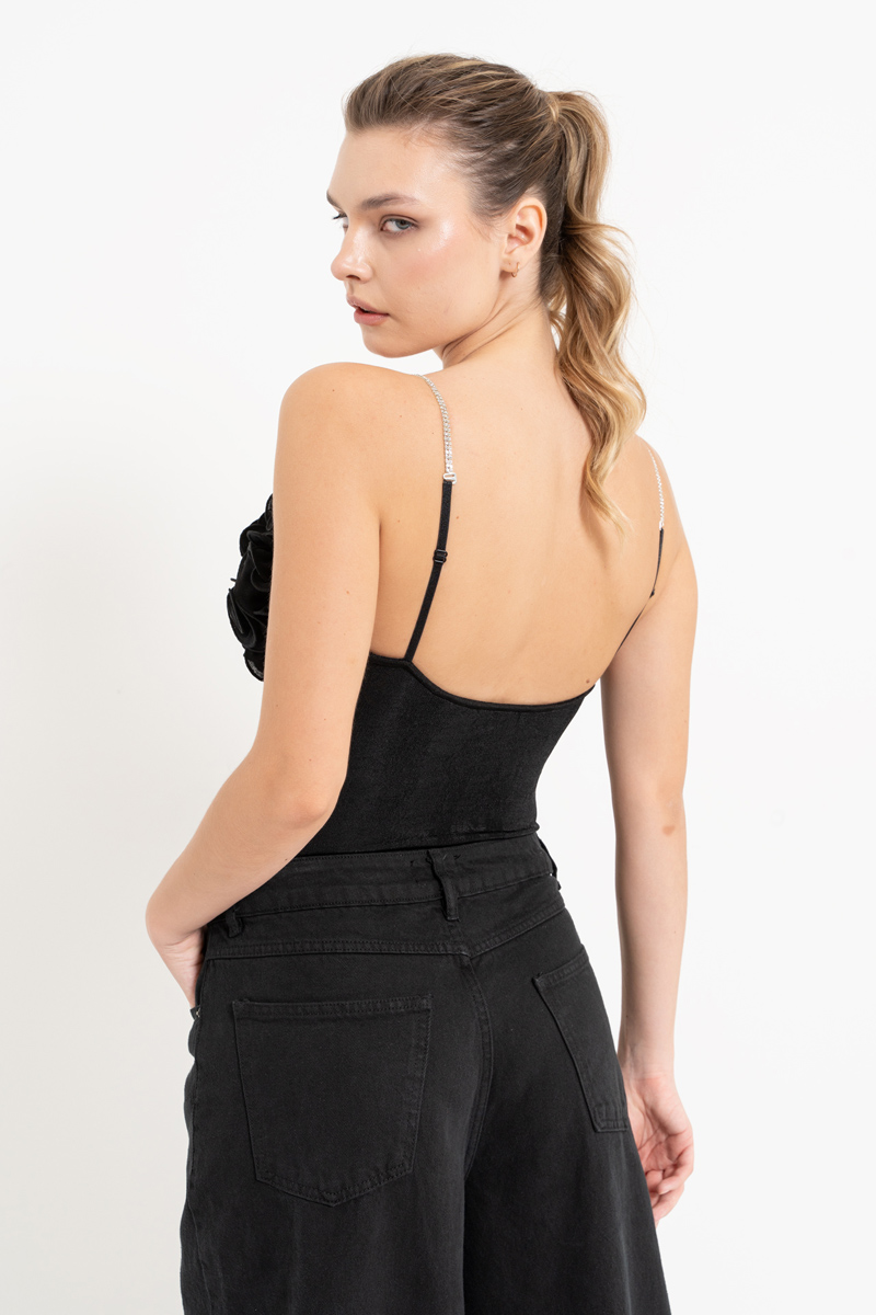 Wholesale Black Ruffle-Trim Cami Bodysuit