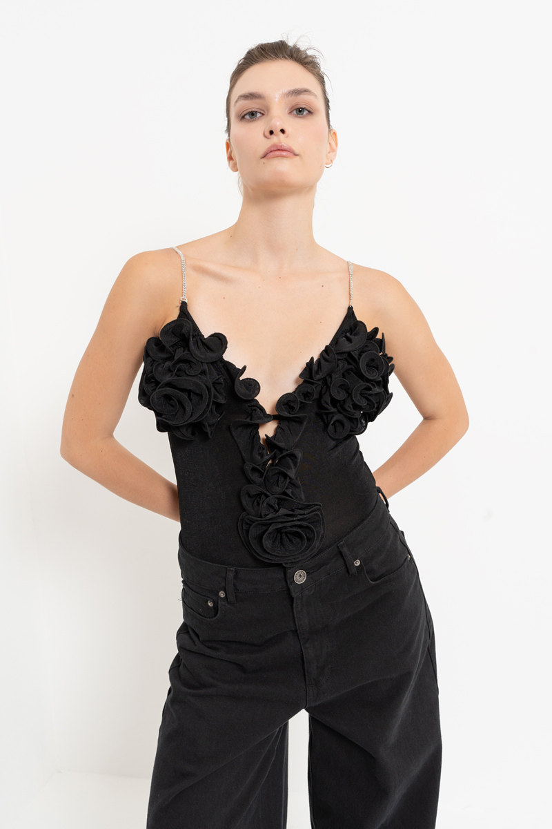 Wholesale Black Ruffle-Trim Cami Bodysuit