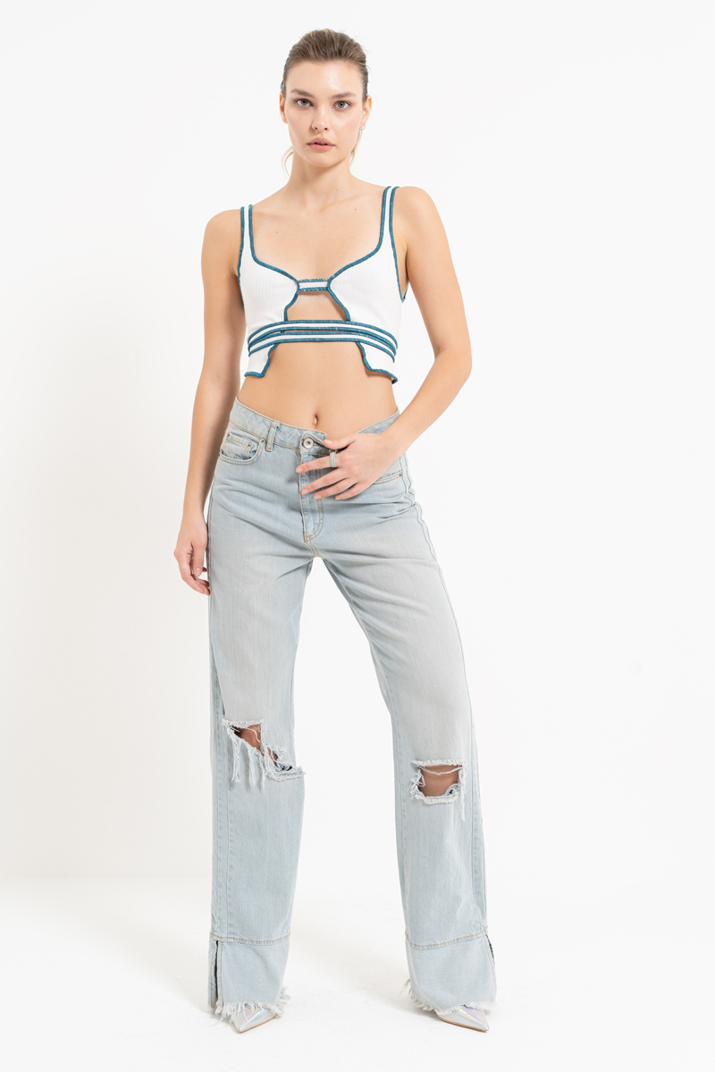 Offwhite Self-Tie Contrast-Trim Crop Cami