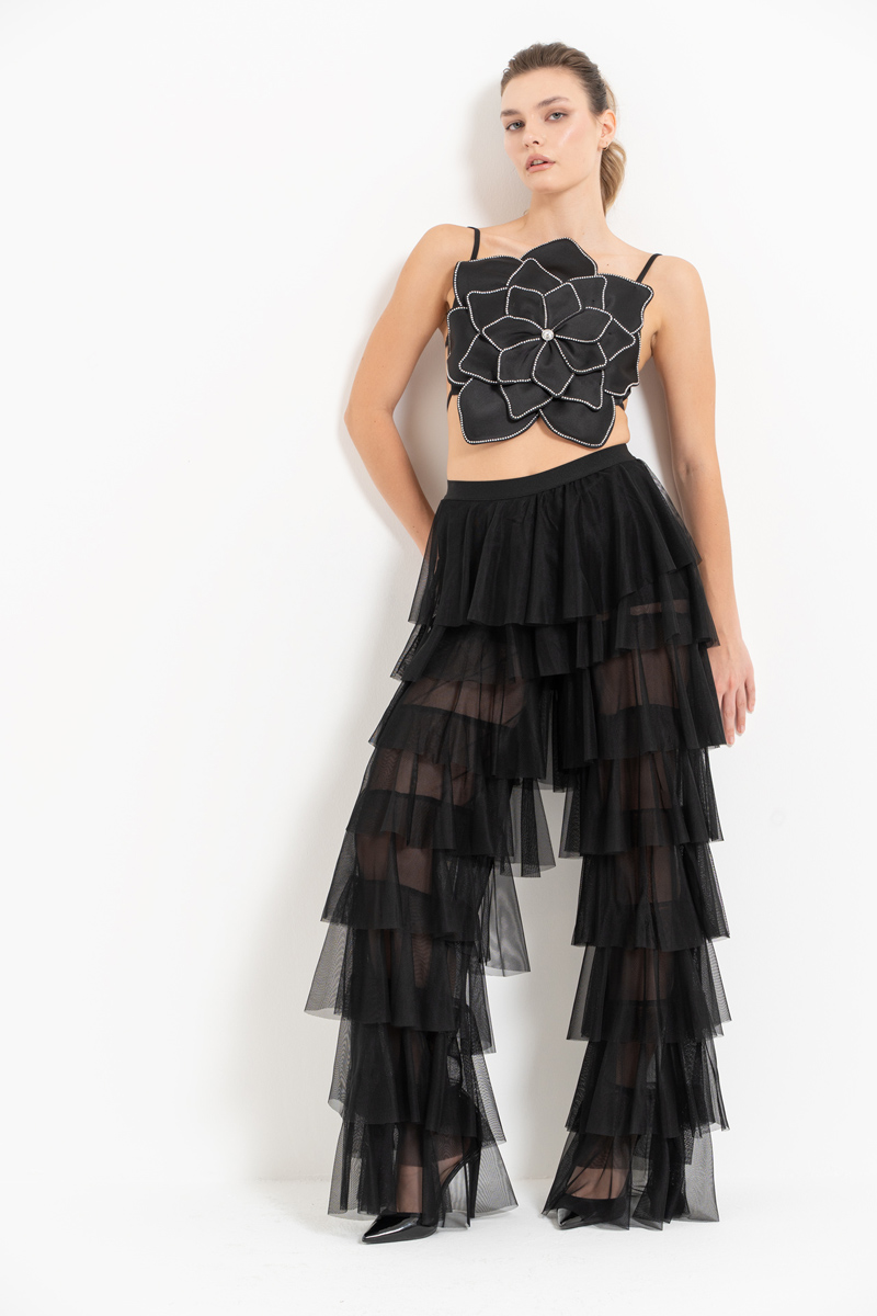 Tiered Tulle Pants in Black