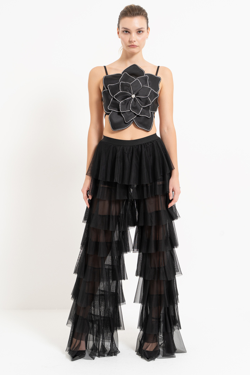 Wholesale Tiered Tulle Pants in Black