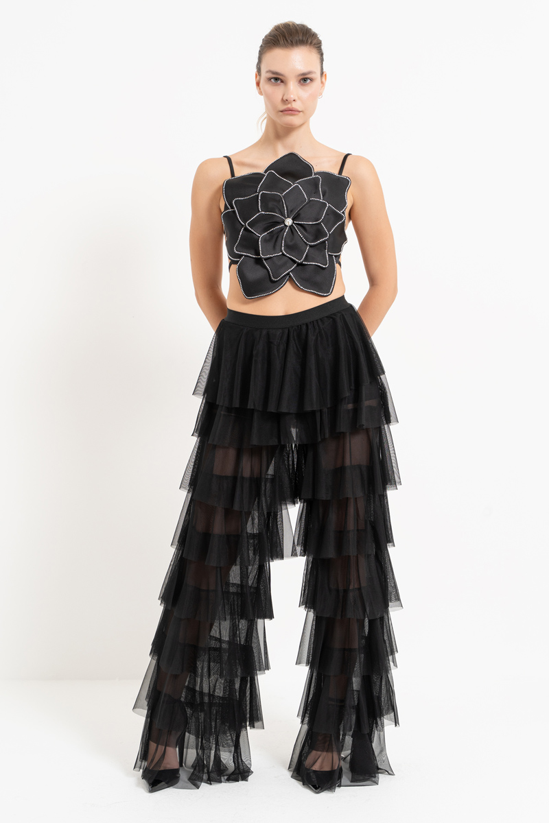 Wholesale Tiered Tulle Pants in Black