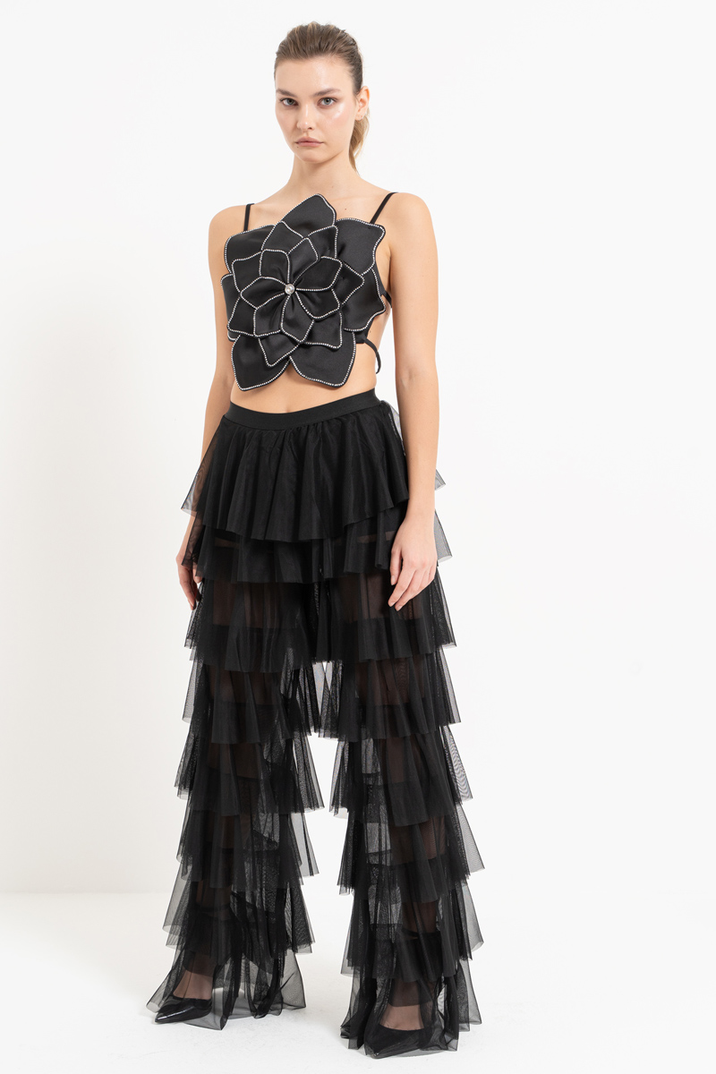 Wholesale Tiered Tulle Pants in Black