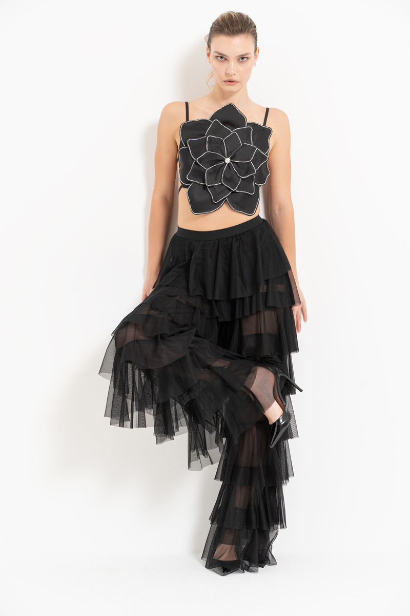 Tiered Tulle Pants in Black