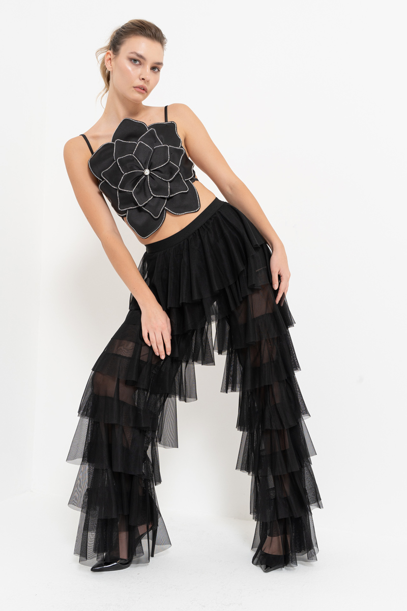 Wholesale Tiered Tulle Pants in Black