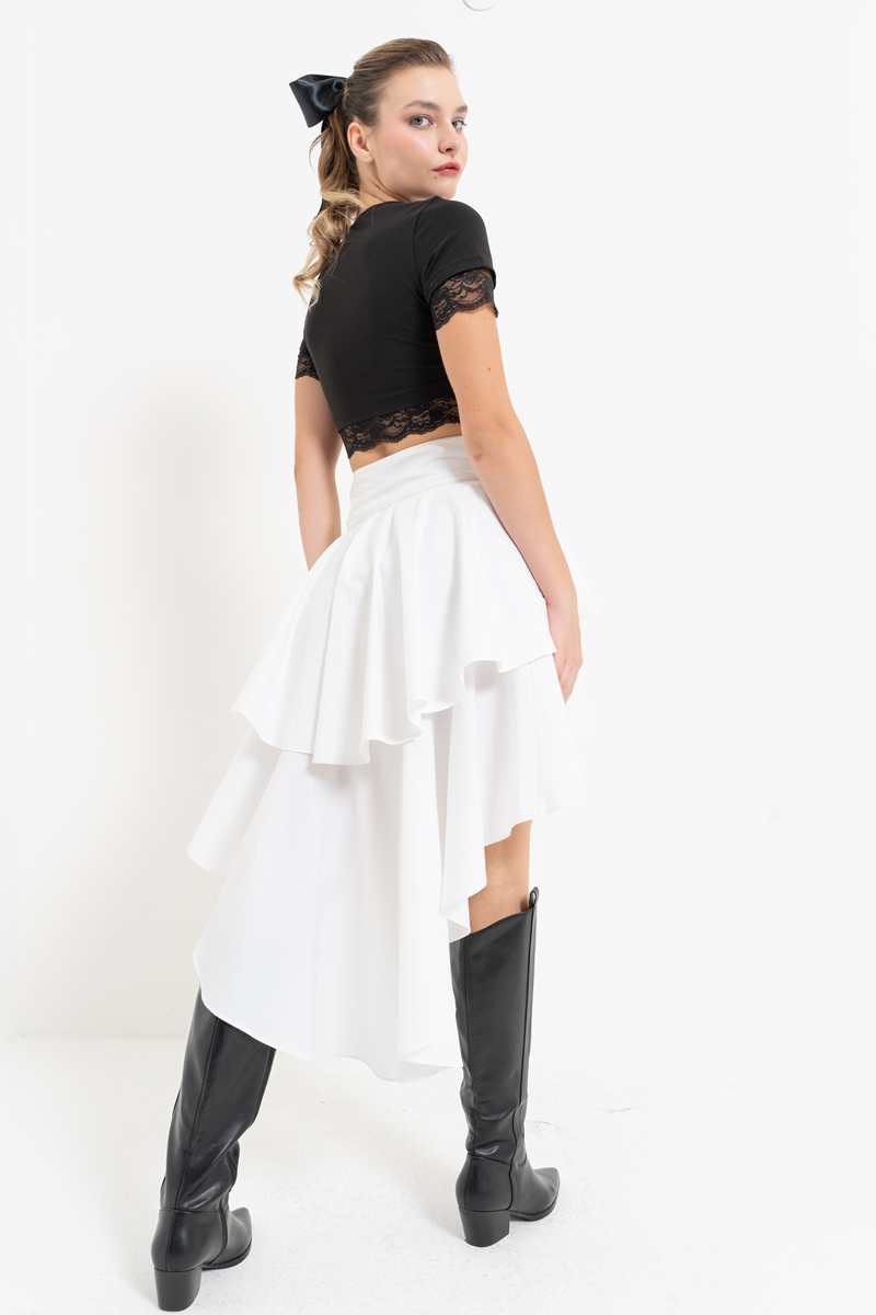 Wholesale Offwhite Ruffle High-Low Poplin Skirt