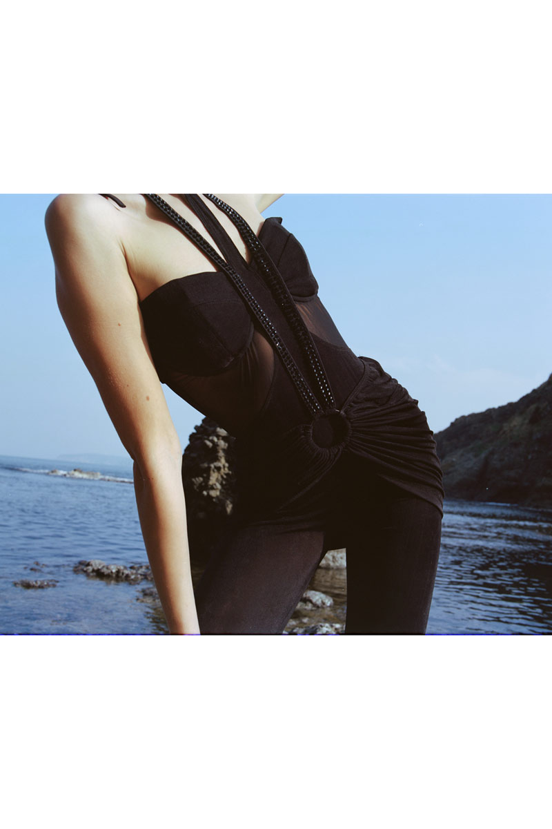 Wholesale Black Tie-Neck Jumpsuit & Embellished Skirt Set