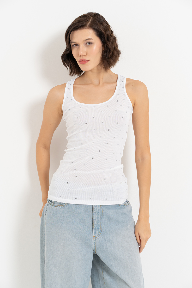 White Embellished Sleeveless Top