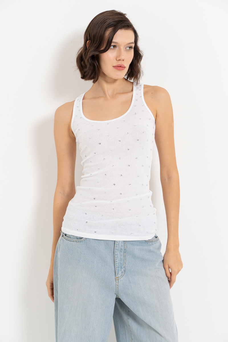 White Embellished Sleeveless Top