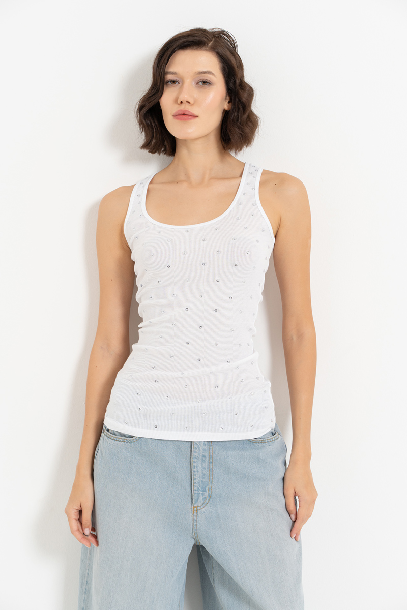 White Embellished Sleeveless Top