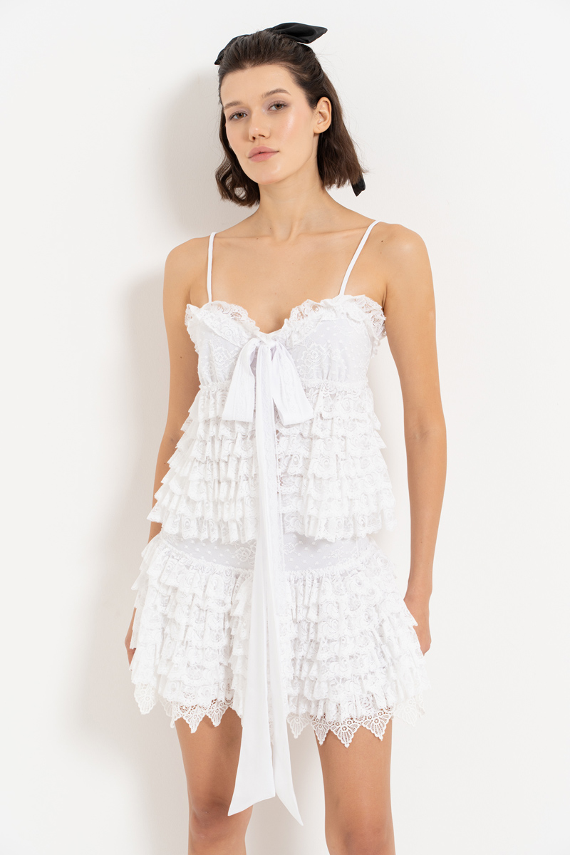 Offwhite Ruffle Lace Trim Cami & Skirt Set