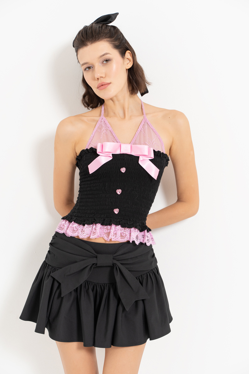 Wholesale Black Lace-Insert Smocked Crop Top & Mini Skirt Set