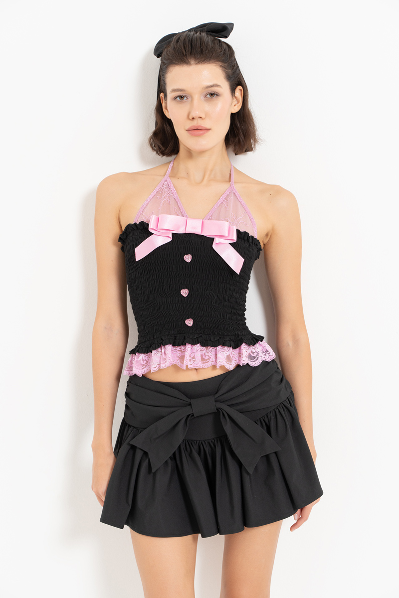 Black Lace-Insert Smocked Crop Top & Mini Skirt Set