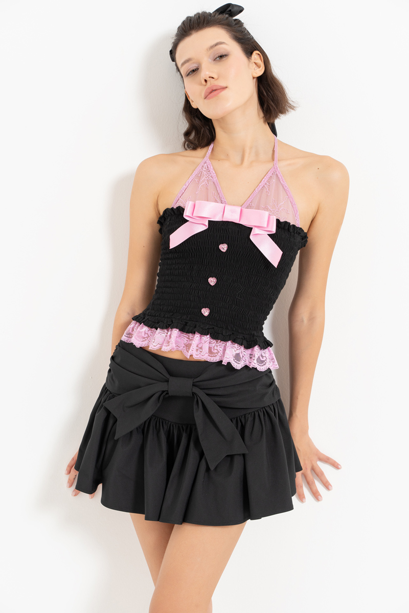 Wholesale Black Lace-Insert Smocked Crop Top & Mini Skirt Set
