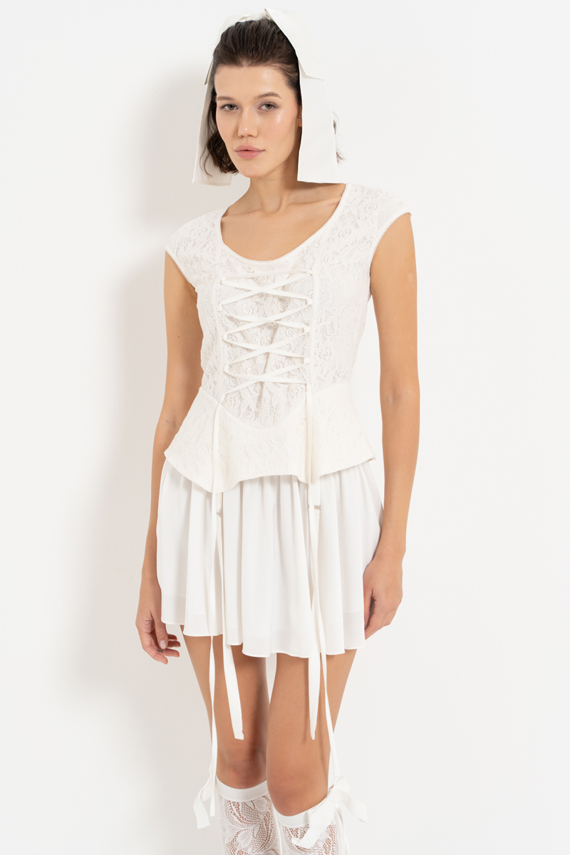 Offwhite Lace Top & Satin Mini Skirt Set