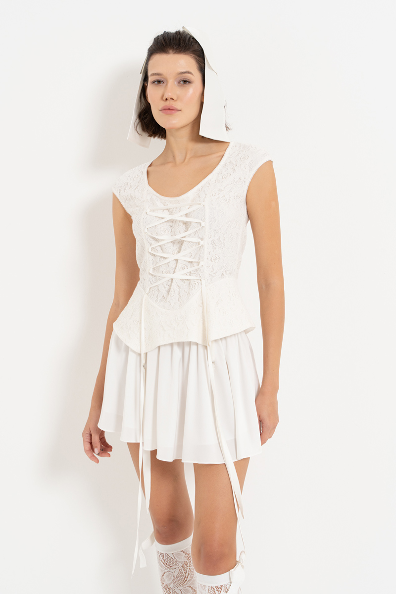 Offwhite Lace Top & Satin Mini Skirt Set