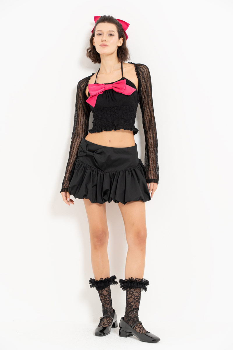 Black-Fuchsia Bow-Accent Crop Cami & Lace Bolero & Mini Skirt Set