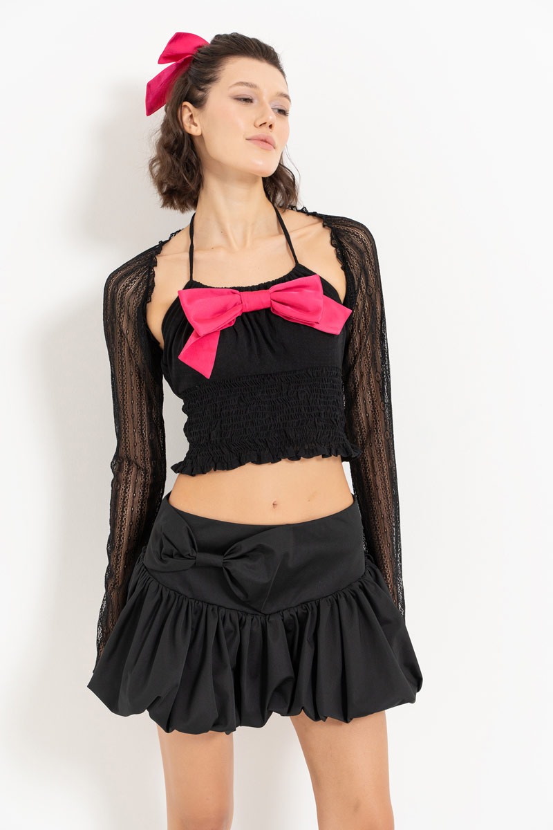 Black-Fuchsia Bow-Accent Crop Cami & Lace Bolero & Mini Skirt Set