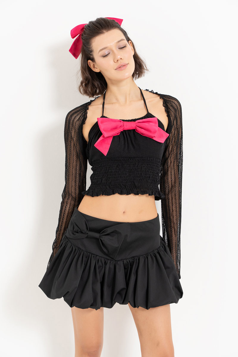 Black-Fuchsia Bow-Accent Crop Cami & Lace Bolero & Mini Skirt Set