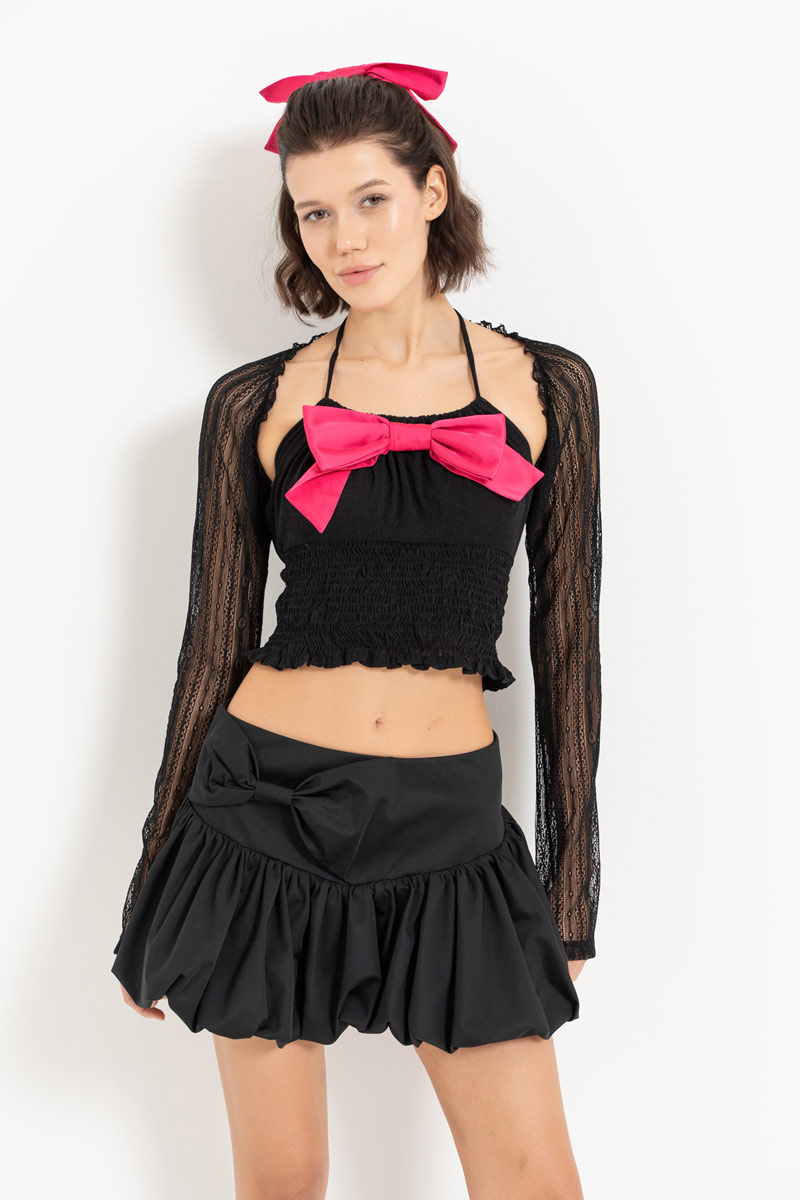 Black-Fuchsia Bow-Accent Crop Cami & Lace Bolero & Mini Skirt Set