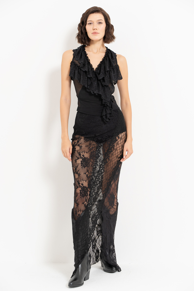 Wholesale Black Lace-Trim Self-Tie Top