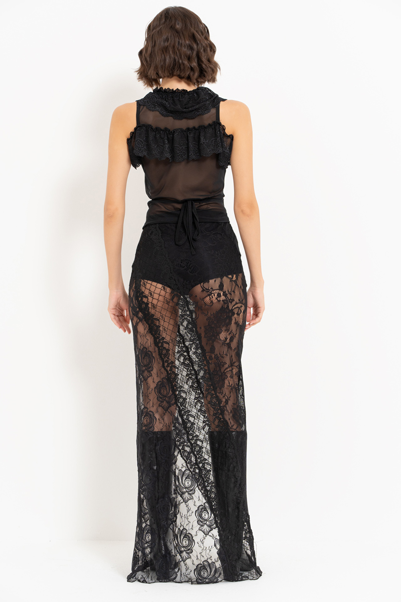 Black Lace-Trim Self-Tie Top