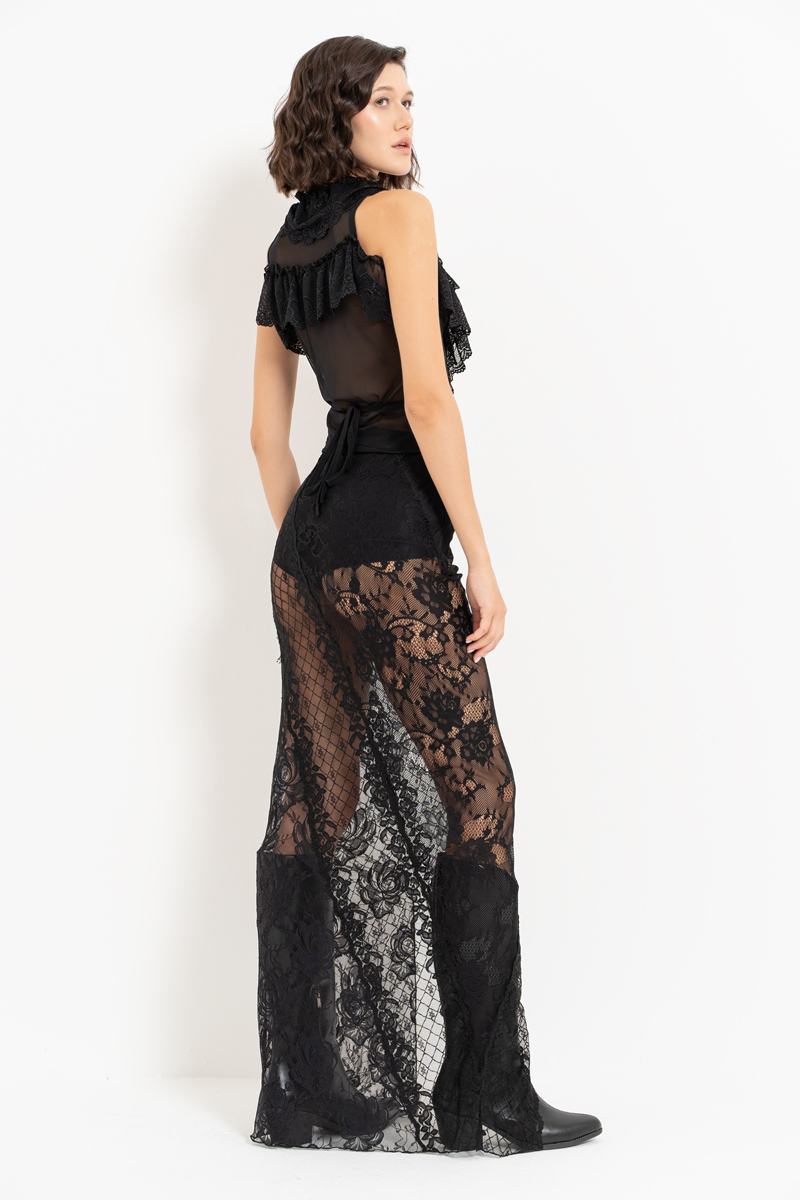 Wholesale Black Lace-Trim Self-Tie Top