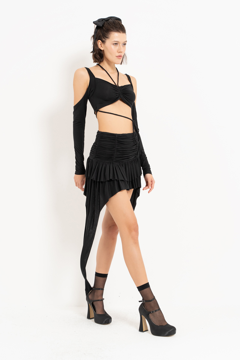 Wholesale Black Strappy Crop Top & Ruched Skirt Set