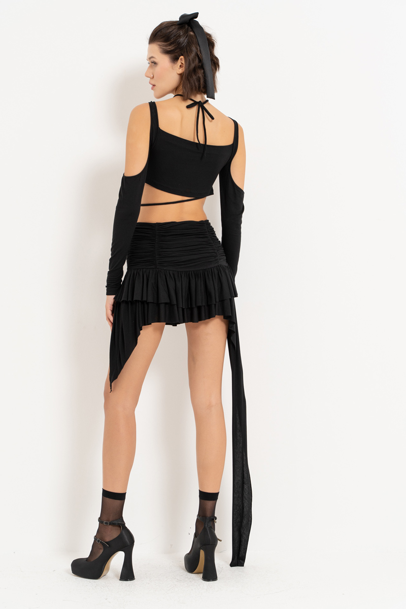 Black Strappy Crop Top & Ruched Skirt Set