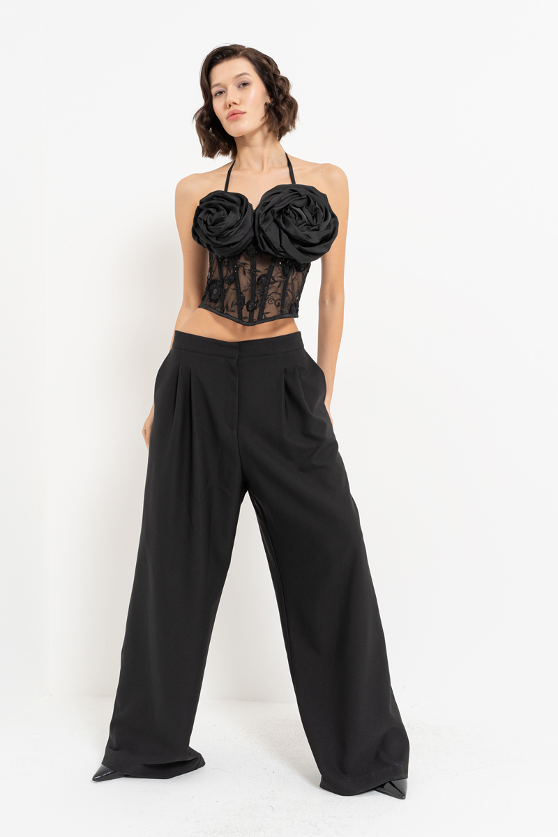 Black Pleated Loose-Fit Pants