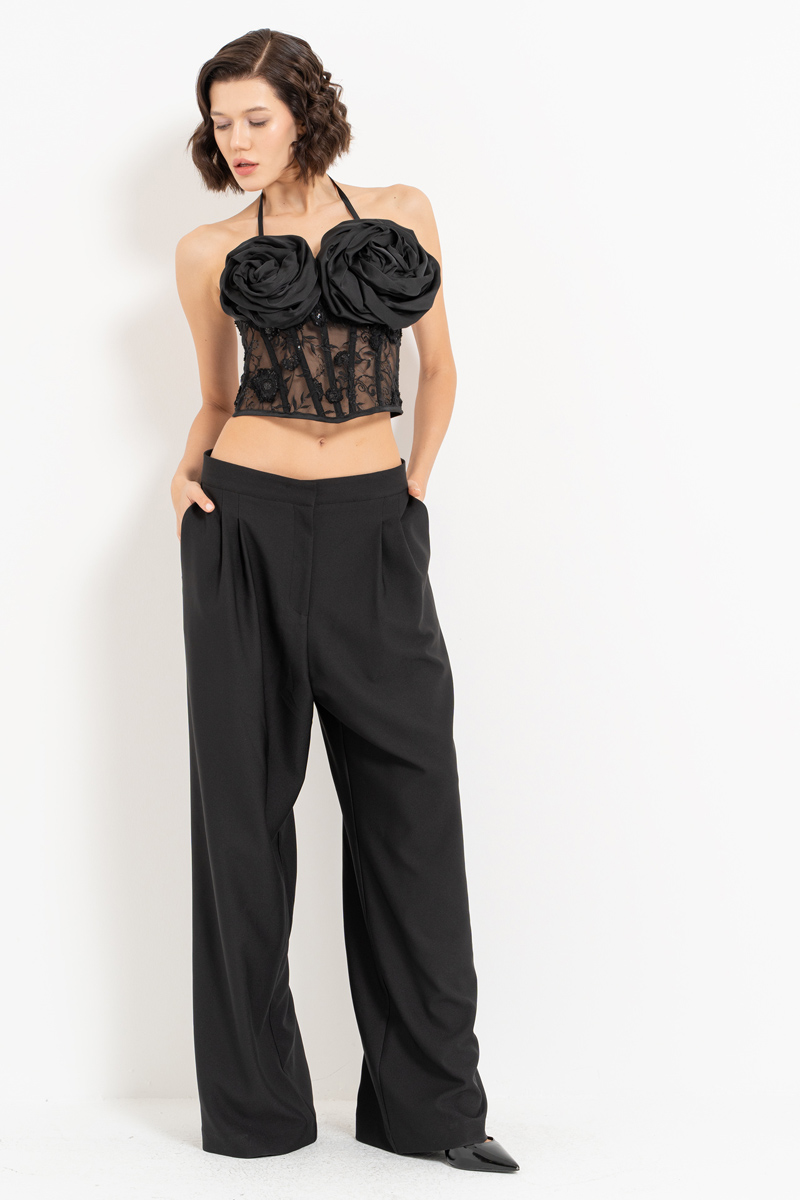 Black Pleated Loose-Fit Pants